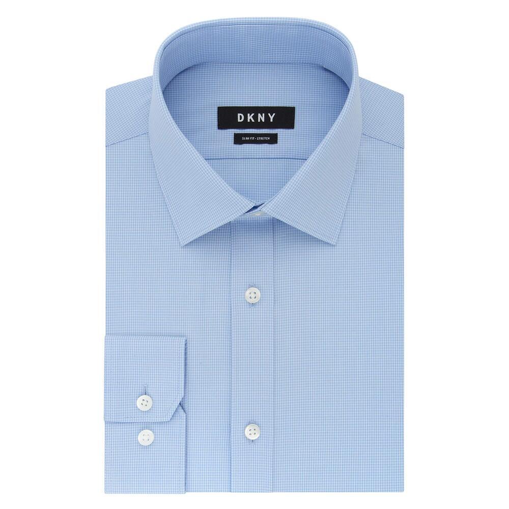 DKNY Men's Dress Shirt Slim Fit Blue Check 17 32-33 XL NWT